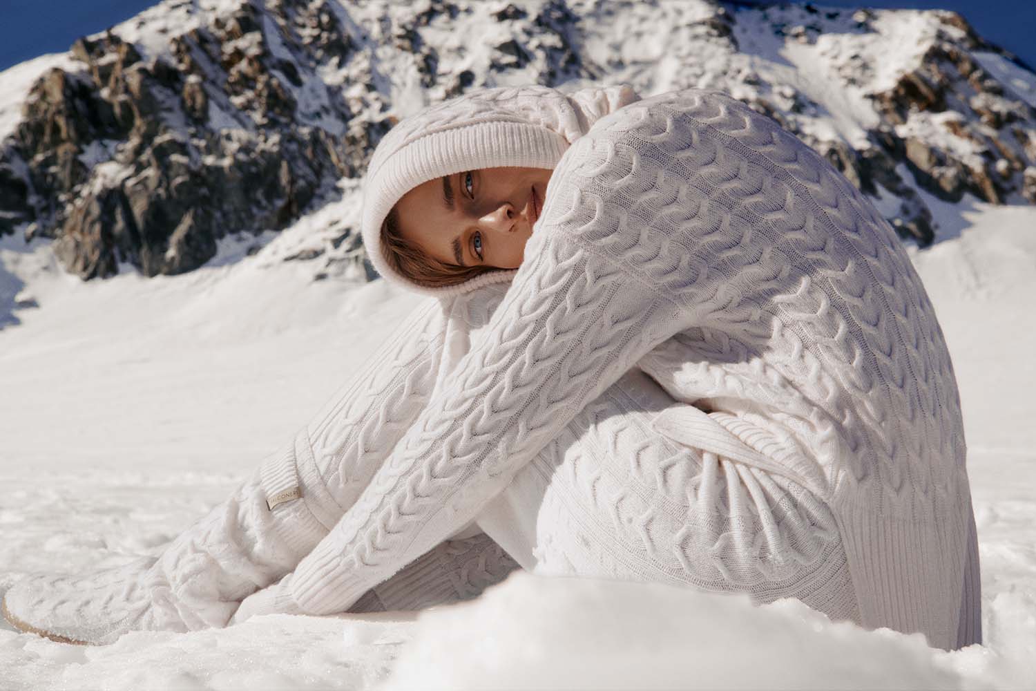 Cashmere clothing campaign shoot on glacier logistics