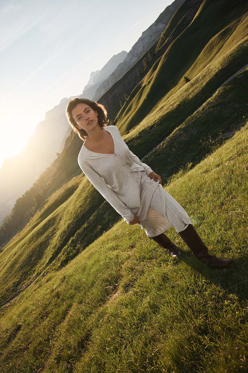 Summer fashion shoot high altitude meadow Alps