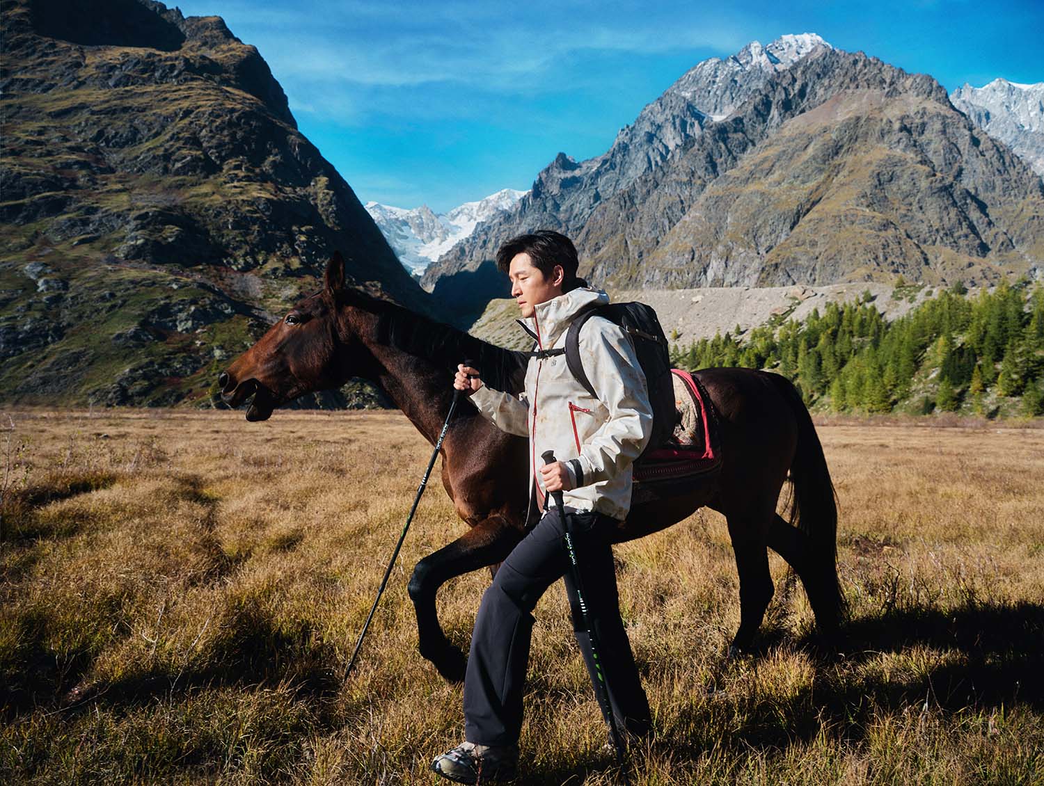Asian celebrity and horse photoshoot high altitude