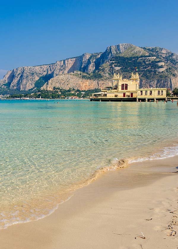 Fashion photo shoot location at Mondello beach near Palermo, Sicily, managed by Courage Production