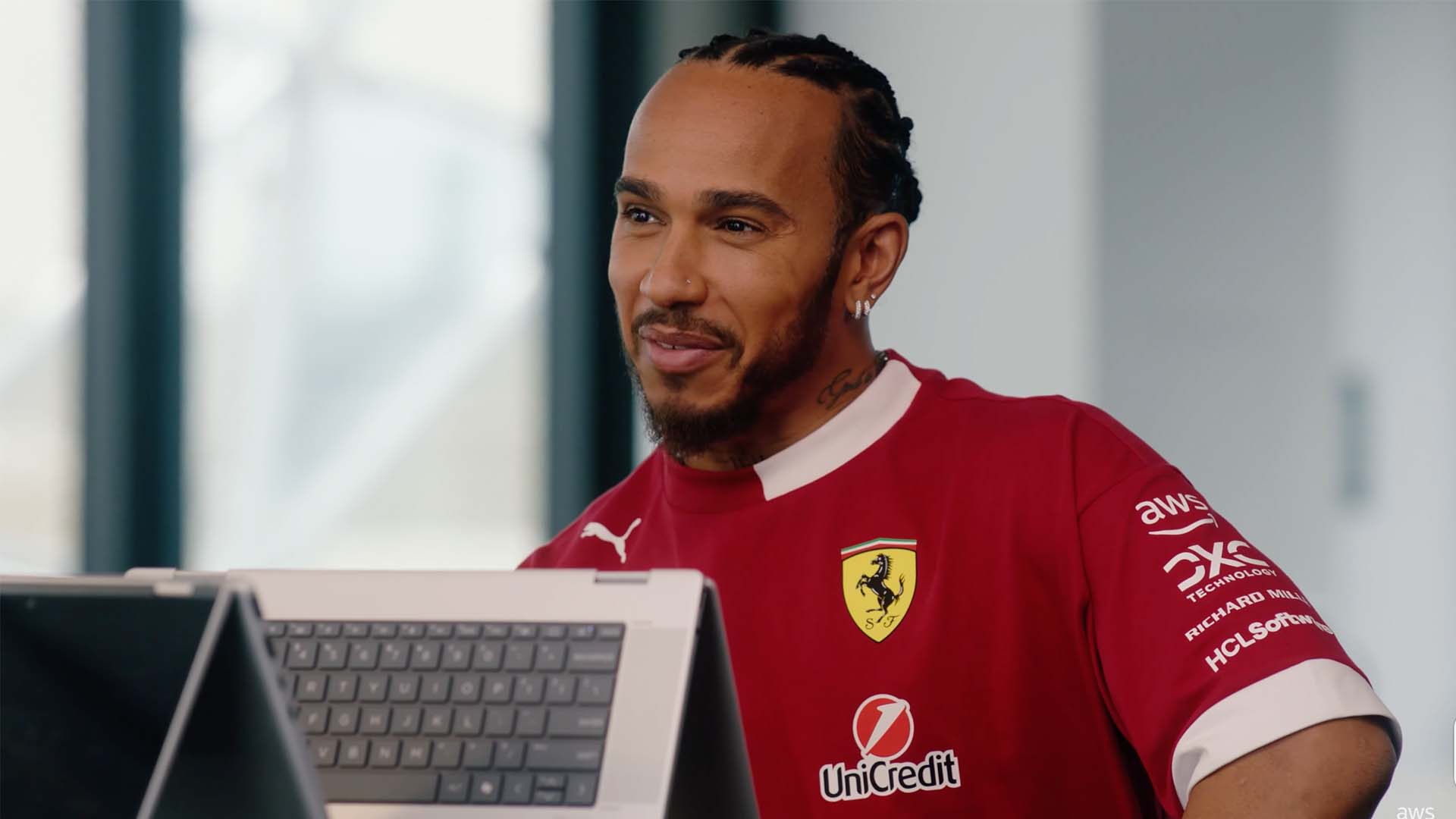 Case study film production set at Ferrari HQ in Maranello (Northern Italy) featuring a tech interview with F1 drivers Lewis Hamilton and Charles Leclerc.