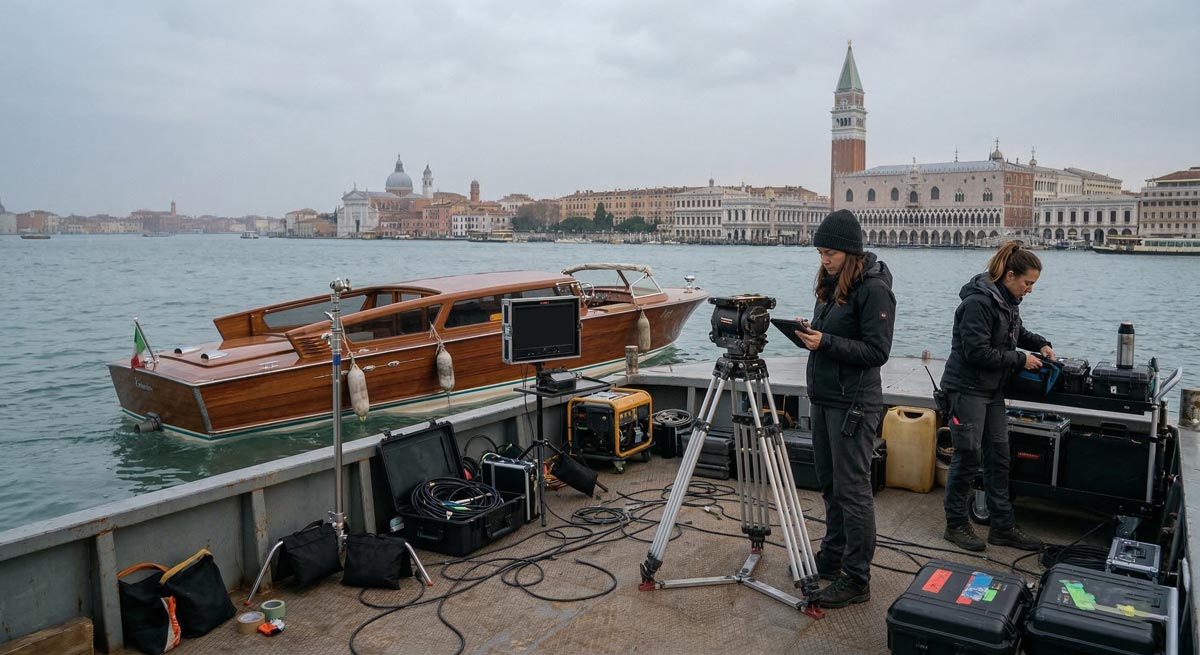Photo production crew traveling with technical equipment on a cargo boat in a Venice canal